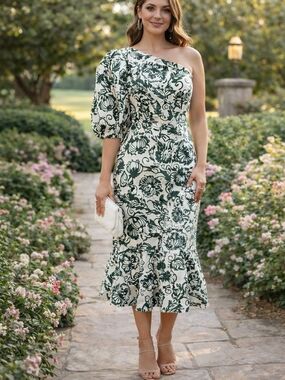 One-Shoulder Green Floral Midi Dress Size Large